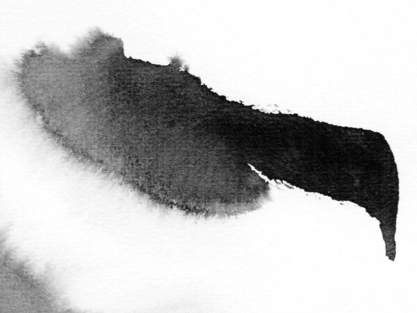 L'œuvre originale sumi-e « Abstraction 14 » présente des coups de pinceau abstraits à l'encre noire sur du papier blanc épais, qui s'entremêlent harmonieusement avec l'élégance fluide de la céramique. Cela crée une forme dynamique et fluide avec différentes nuances de gris et des bords doux rappelant l'artisanat raffiné. - Atelier Terre et Bois à Colmar